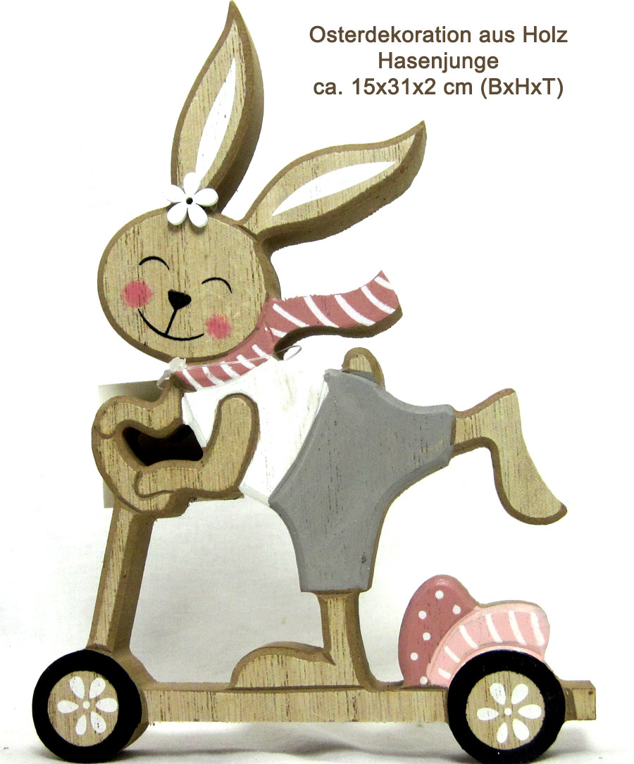 Osterdekoration aus Holz Hasenjunge auf Roller ca. 15x20x2 cm (BxHxT)