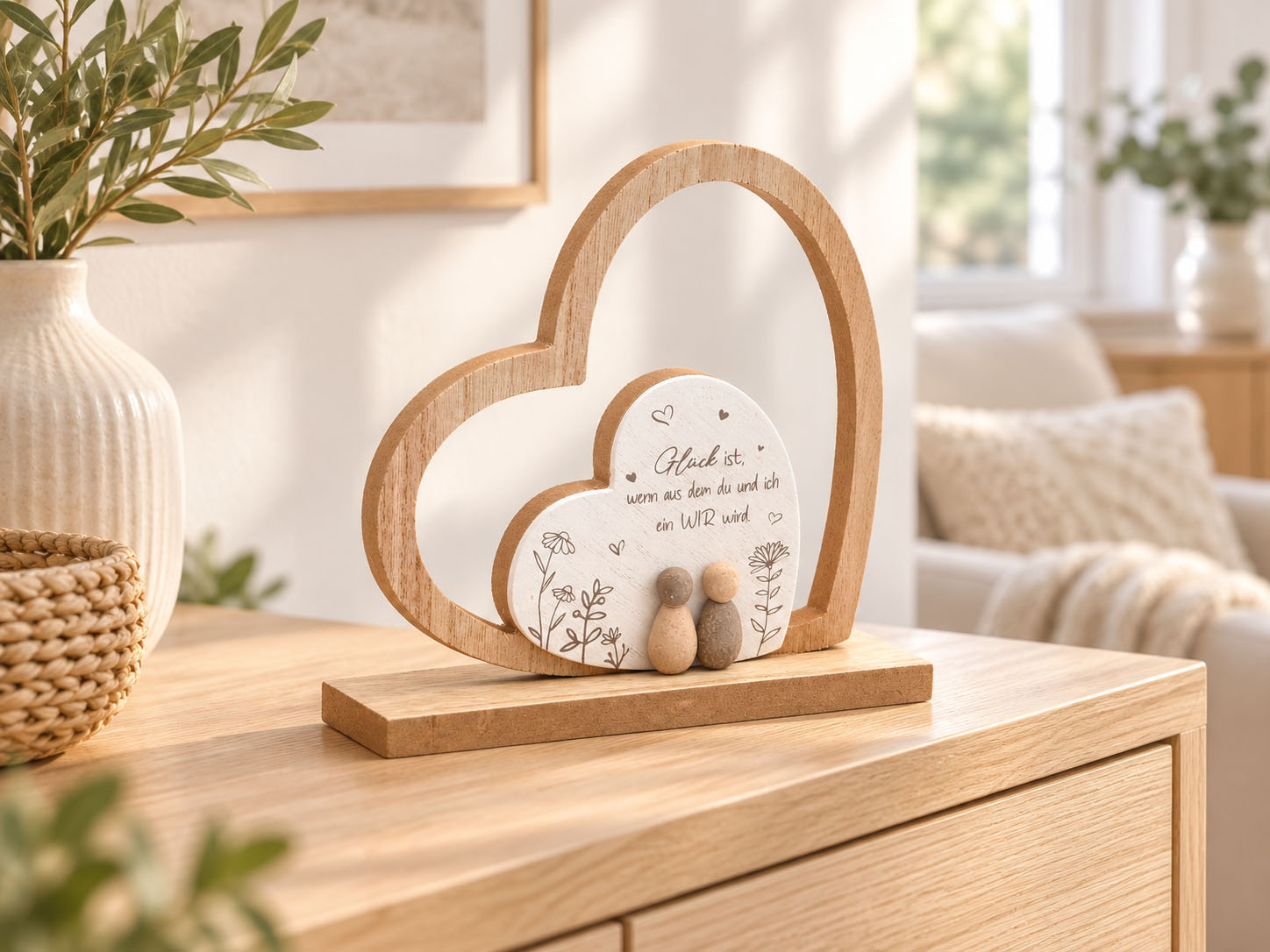 Herz in Herz – Dekoherz in Holz-Steinoptik mit Spruch Glück 20 × 18 cm
