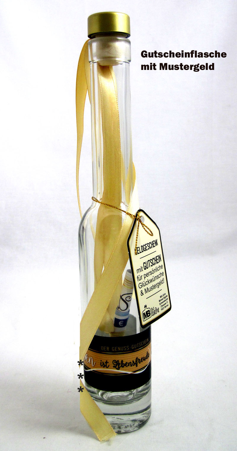 gutscheinflasche_60009_kopie Gutscheinflasche mit Satinband & Stopfen Gold / Schwarz ca. 30 cm hoch