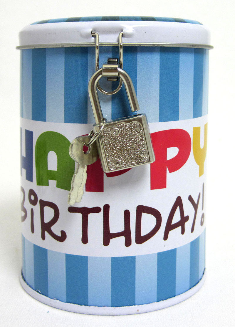 Metall-Spardose mit Schloß" Happy Birthday " bunt ca. 8x8x11 cm (T/B/H)