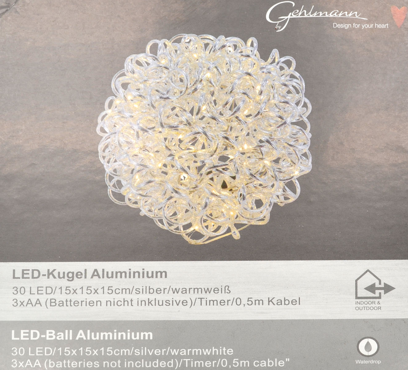 Alu-Leuchtkugel silber Ø 15 cm – 30 LEDs, Timer, für innen und außen