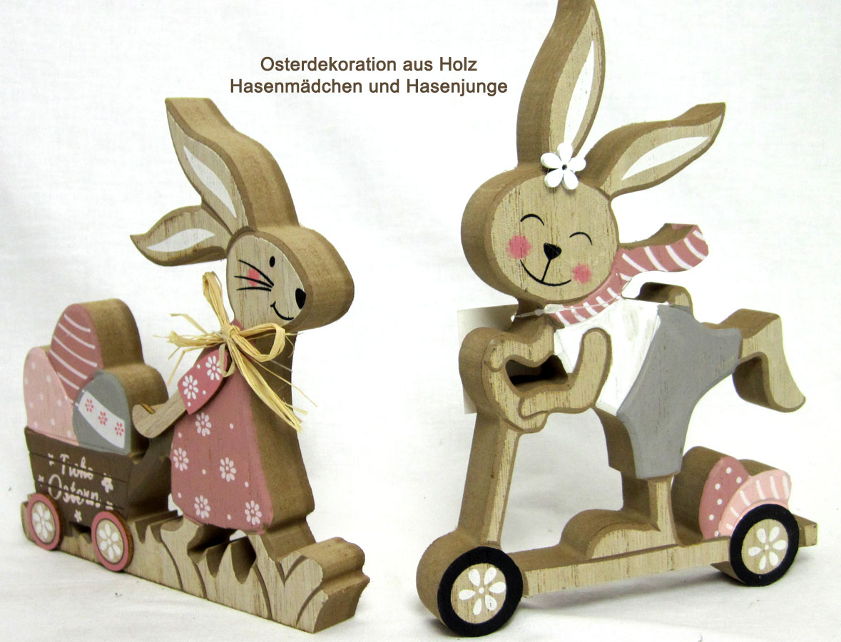 Osterdekoration aus Holz Hasenjunge auf Roller ca. 15x20x2 cm (BxHxT)