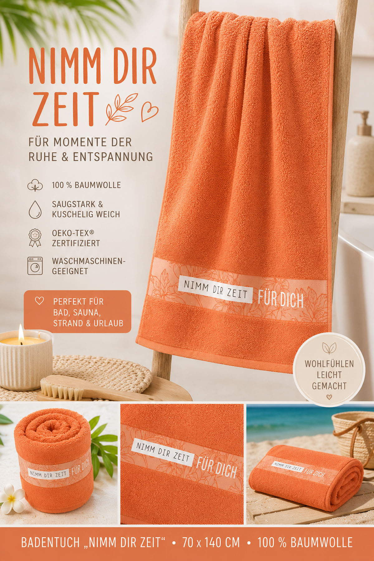 Badetuch Strandtuch "Nimm Dir Zeit" 70x140 cm orange