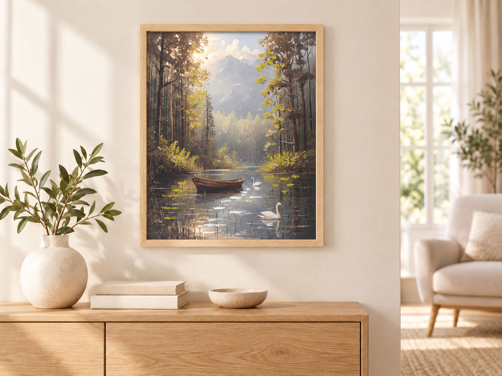 Gerahmtes Wandbild Waldsee mit Boot 40 × 50 cm – V1 Boot mittig