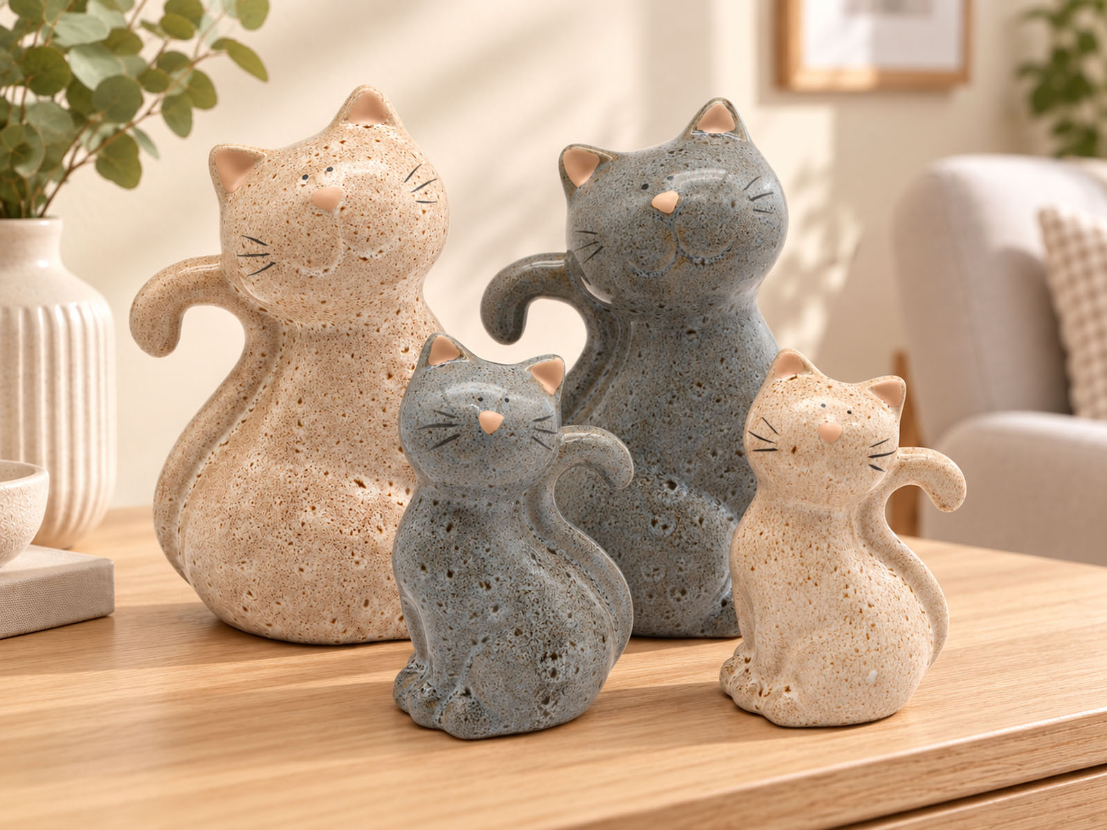 Deko-Katze aus Porzellan – 11 oder 16 cm in Creme oder Grau