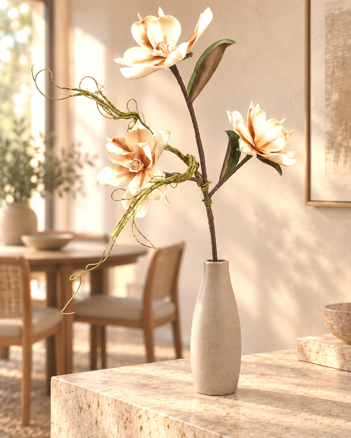 Künstlicher Magnolienzweig 106 cm mit 3 Blüten Beige, Altrosa oder Weiß  Varianten