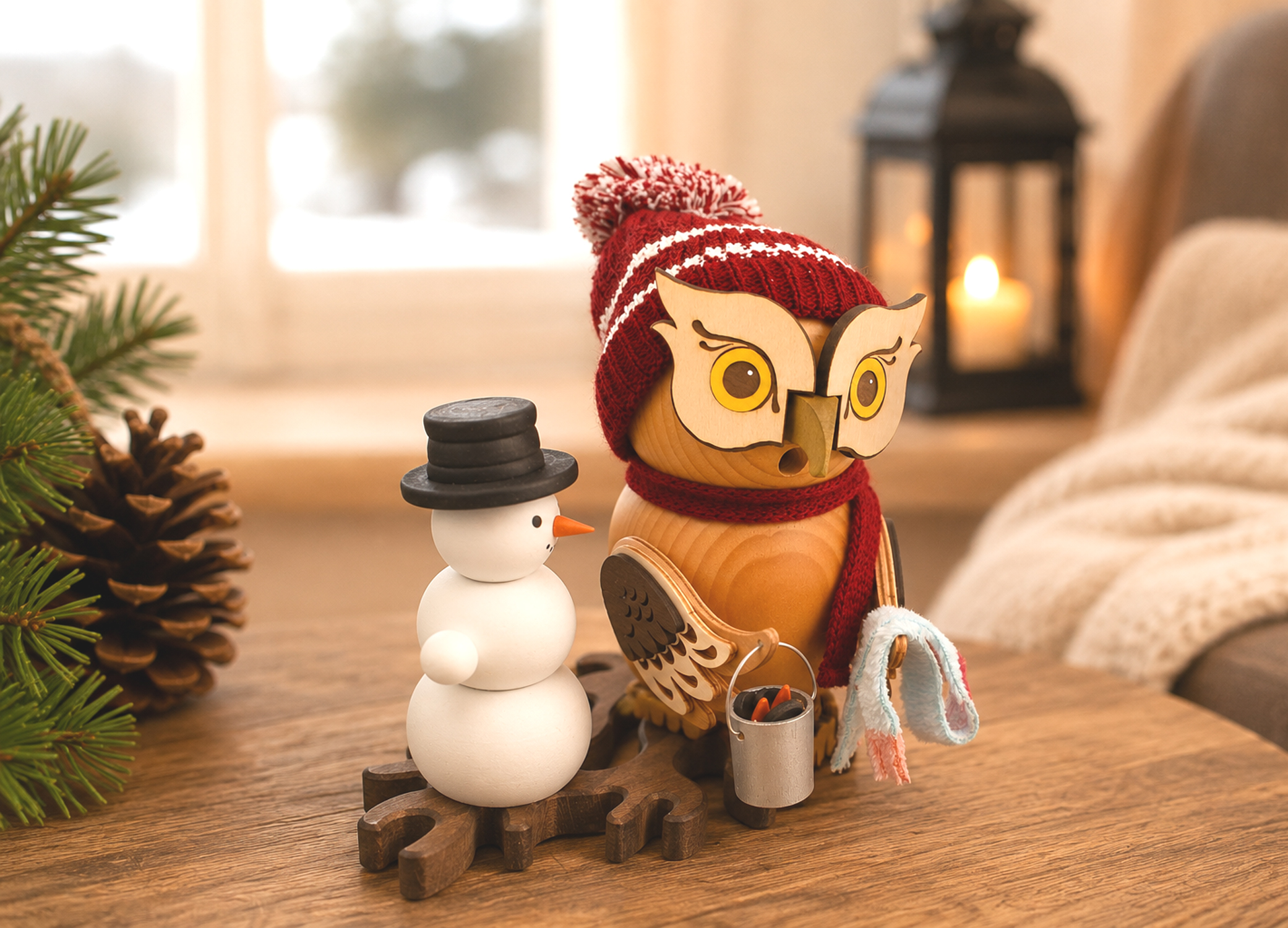 Eule mit Schneemann Rauchfigur ca. 18 cm - Neuheit 2025
