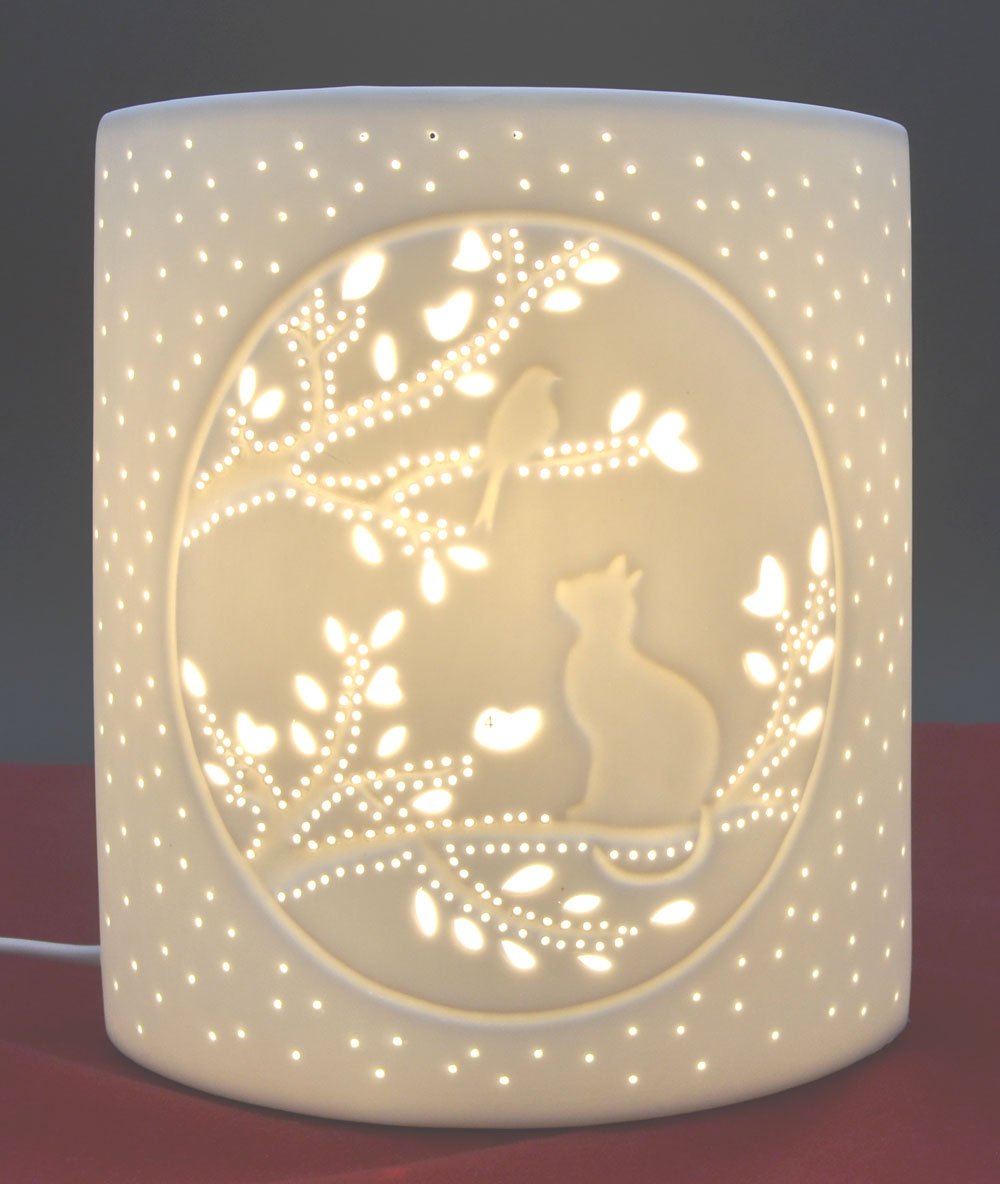 Porzellan-Lampe Ellipse Katzenmotiv weiß ca.20 x 17 x 10 cm (H/B/T) 