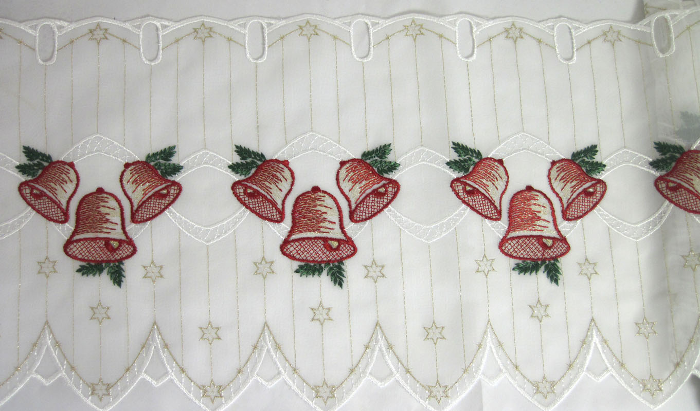 Kurzgardine"3 Glocken" Weihnachten weiß ca.29 cm hoch Meterware