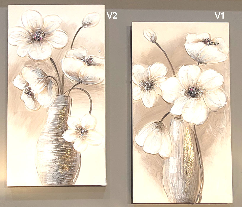 Wandbild Blume in Vase V1 grau-gold-weiß mit Glitzersteinchen 30 x 60 cm