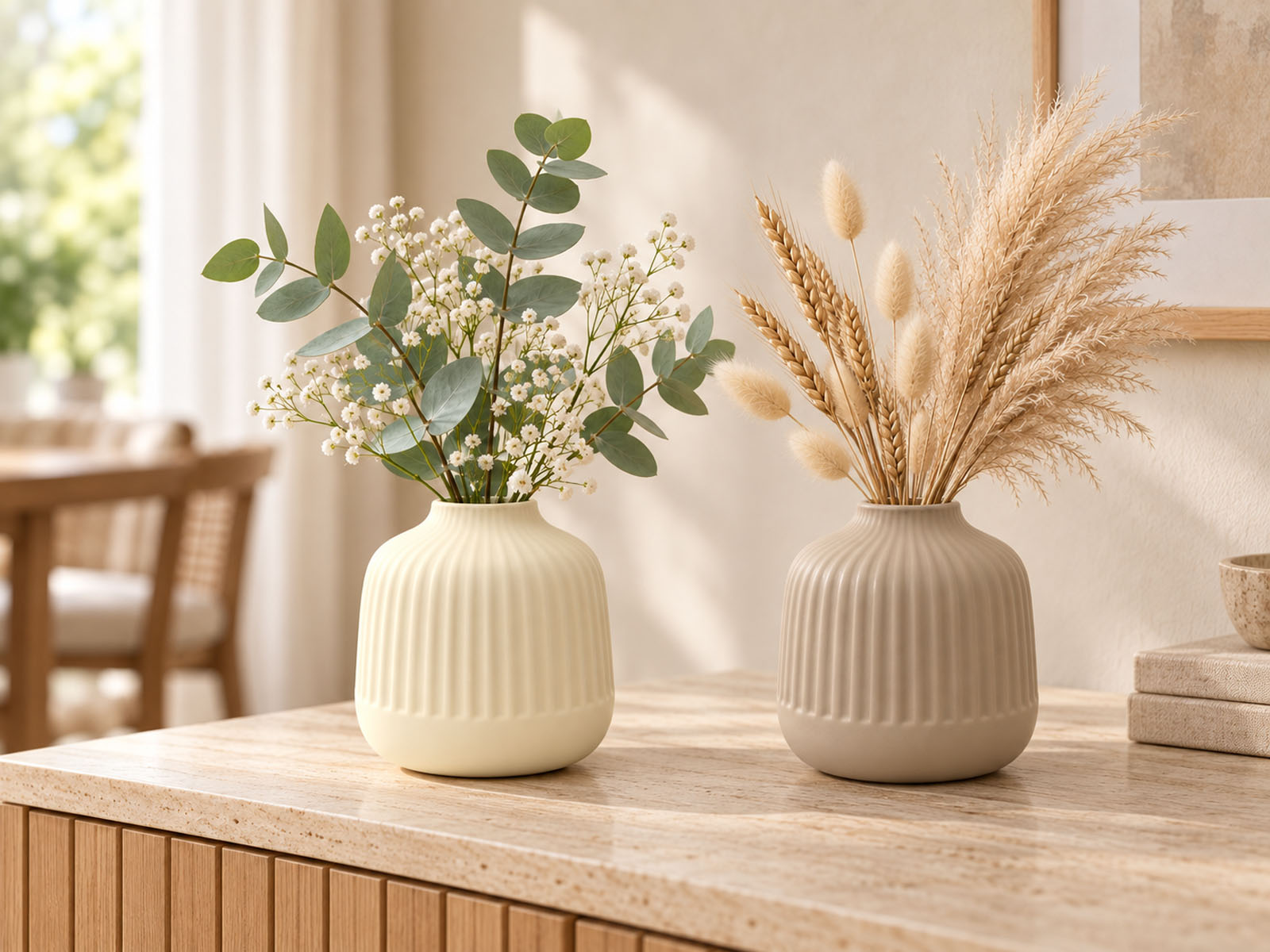 Moderne Deko-Vase 15 cm mit Rillenstruktur – Vanilla 