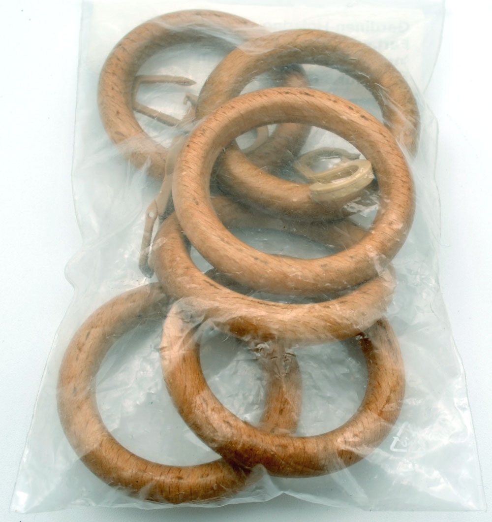 6 Stück Holz-Ring mit Faltenhaken für Stangen mit Ø 28mm Eiche hell 