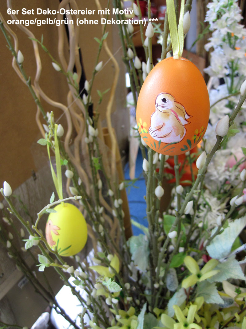 6er Set Deko-Ostereier mit Motiv, grün/gelb/orange