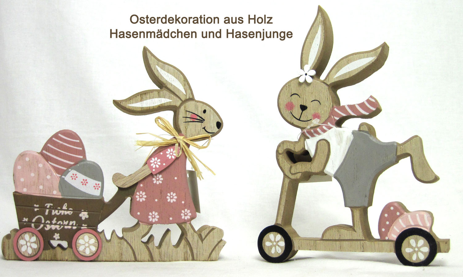 Osterdekoration aus Holz Hasenjunge auf Roller ca. 15x20x2 cm (BxHxT)