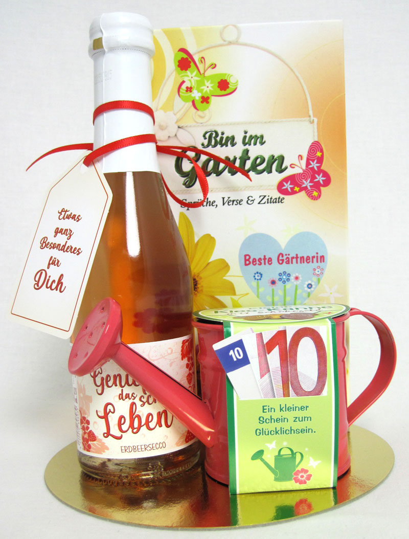 geschenk-set_garten_gieskanne_sekt Geschenk-Set Gärtnerin - Buch, Schoko-Gieskanne, Erdbeersecco