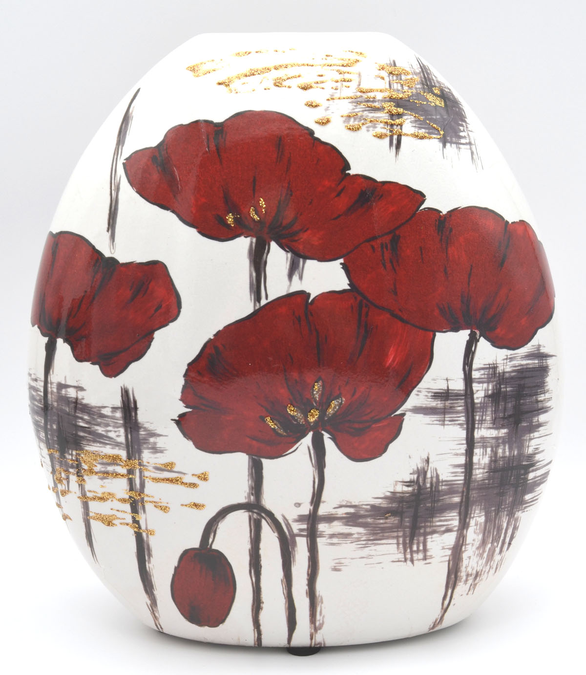 Keramik-Vase Mohnblumen 24 cm – bauchig, Weiß-Rot-Gold