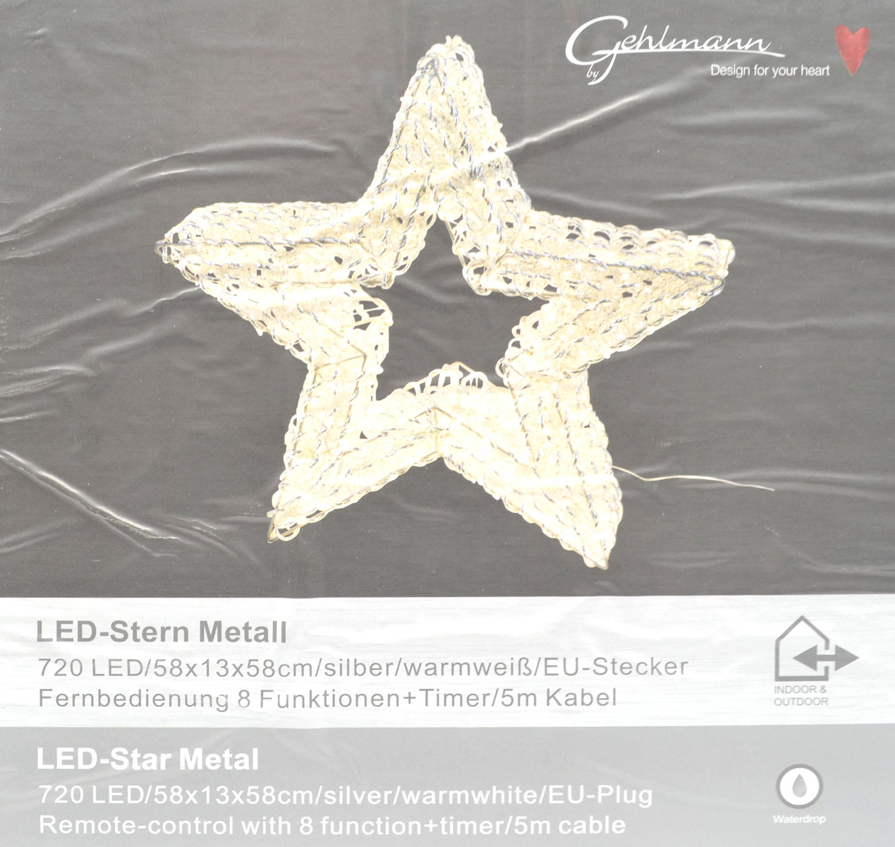 LED-Metallstern silber 58 cm – 720 LEDs, Timer, Fernbedienung und Adapter