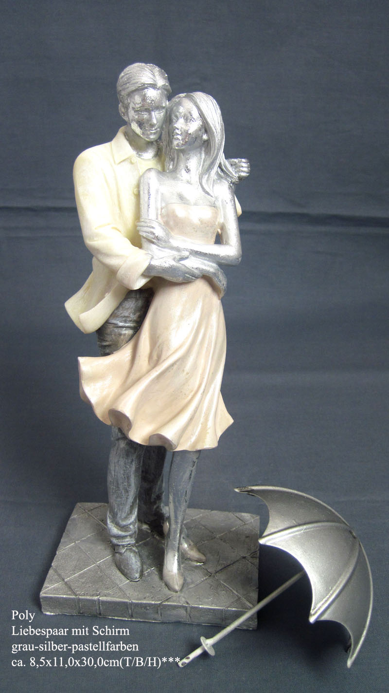 Poly Liebespaar mit Schirm grau-silber-pastellfarben, ca. 8,5 x 11,0 x 30,0 cm