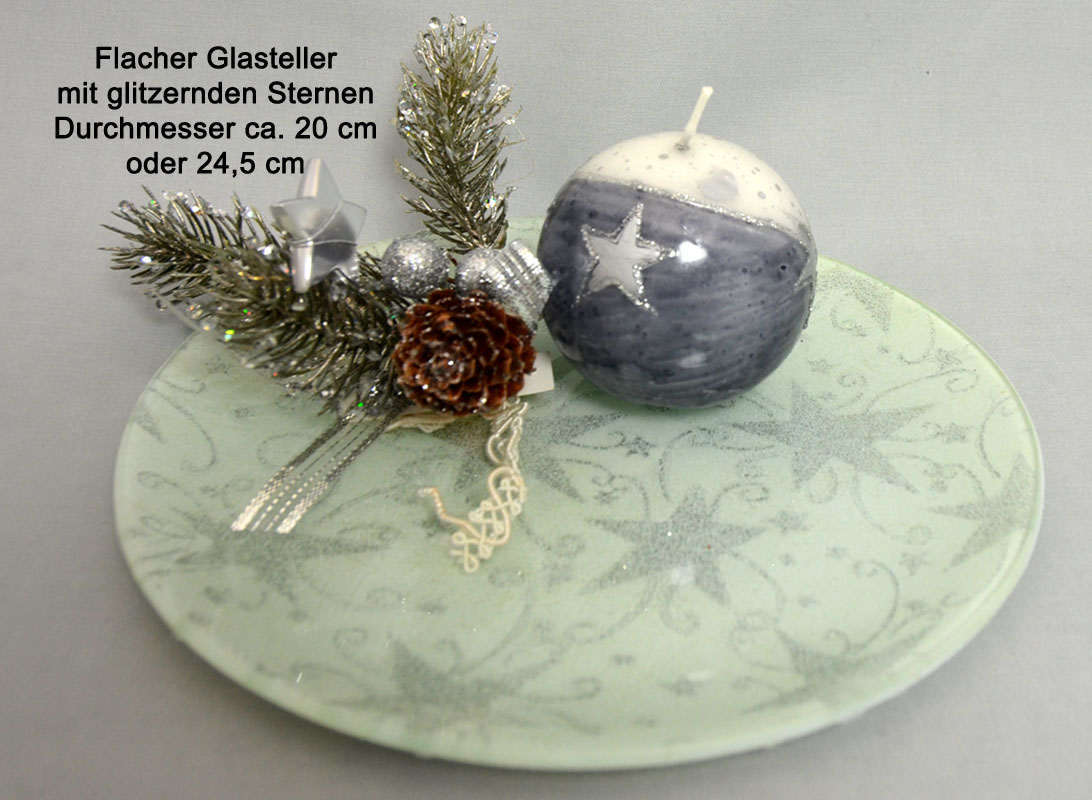 Glasteller Weihnachtszeit mit glitzernden Sternen rund 24,5 cm