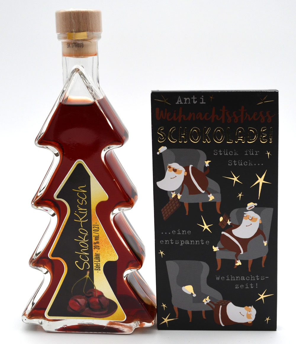 Geschenk-Set Schoko-Kirsch-Likör in Tannenflasche 0,2 l mit Schokolade Geschenk-Set Schoko-Kirsch-Likör in Tannenflasche 0,2 l mit Schokolade