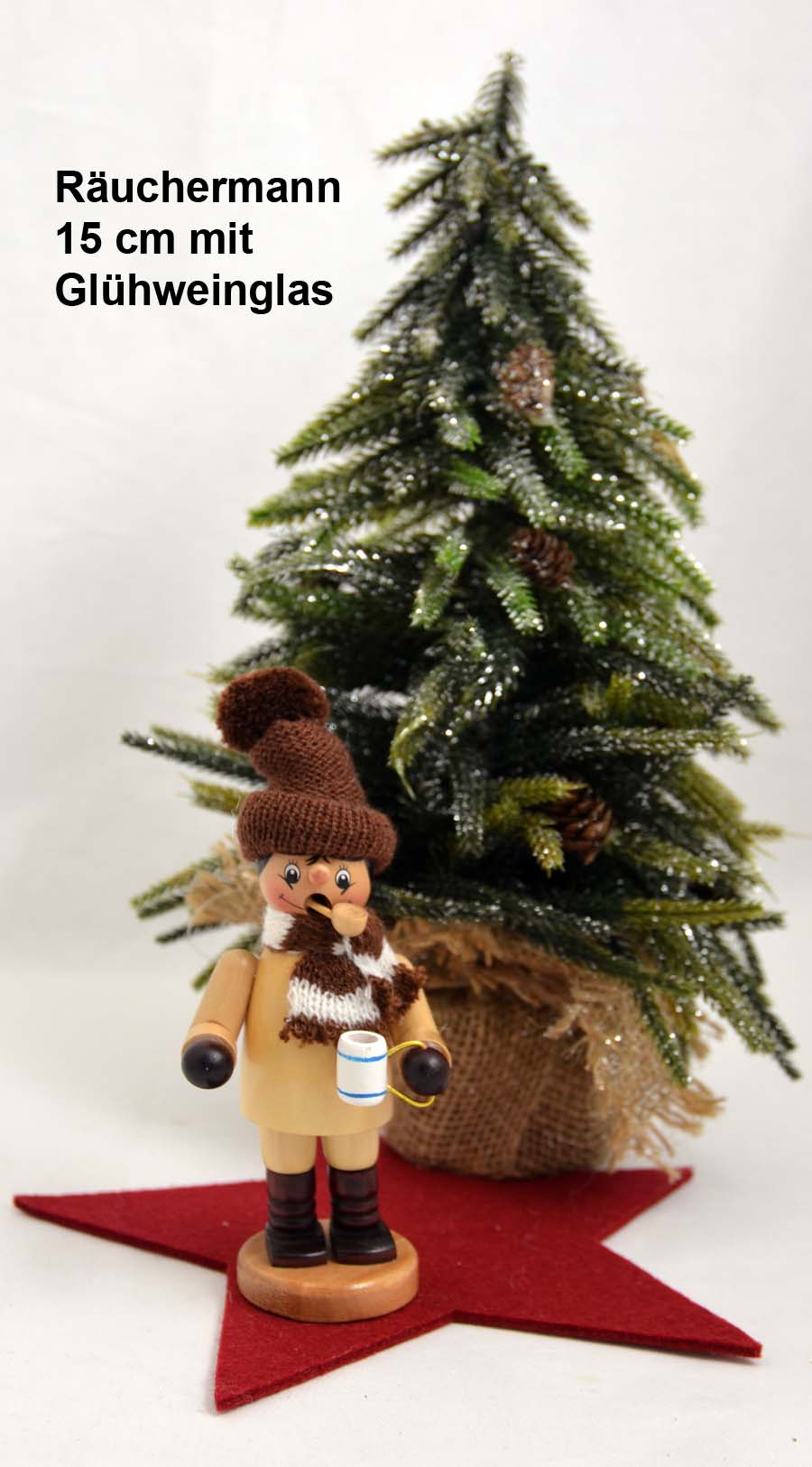 Räuchermann Glühwein 15 cm natur mit Strickmütze und -schal