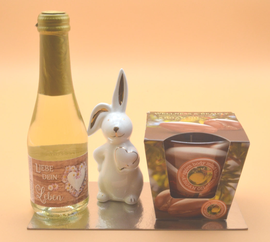 Ostergeschenk Beauty-Kerze 30 Std. Perlwein und Keramik-Hase