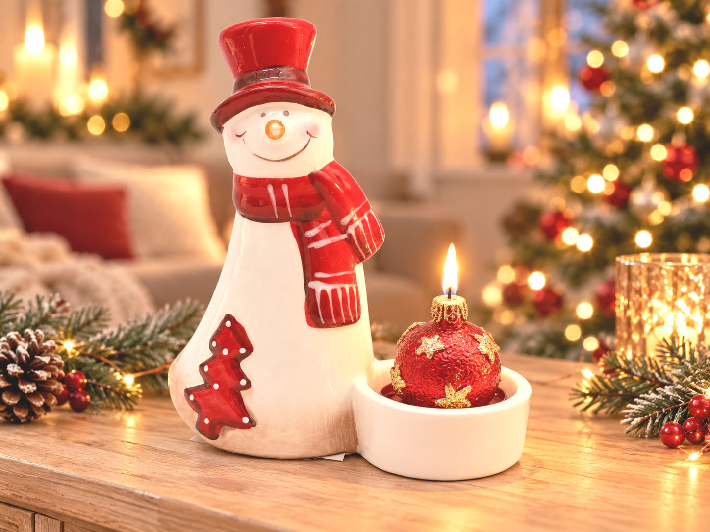 Keramik-Teelichthalter Schneemann Erik 12,6 cm mit Zylinder