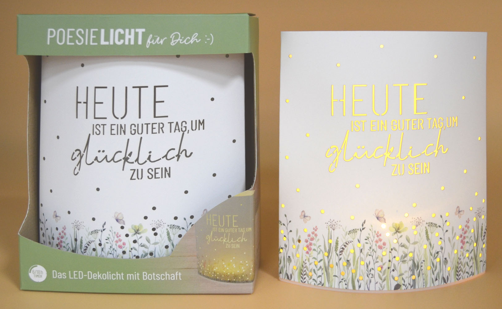 LED-Laterne Poesielicht glücklich sein zum Stehen oder Hängen mit Timer 16x13,x5 cm