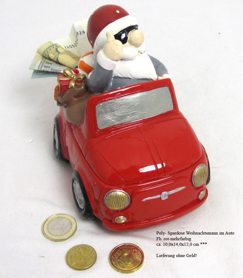 Poly- Spardose Weihnachtsmann im Auto, ca. 10,0x14,0x12,0 cm