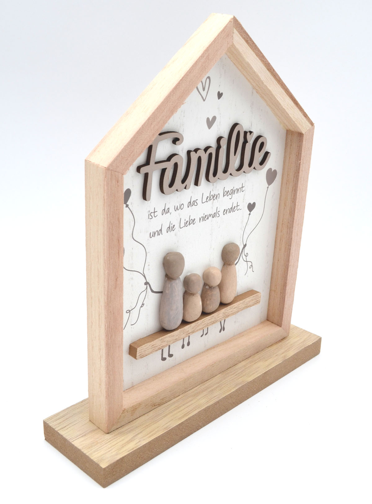Dekohaus Familie 21 cm aus Holz mit Steinfiguren & Spruch