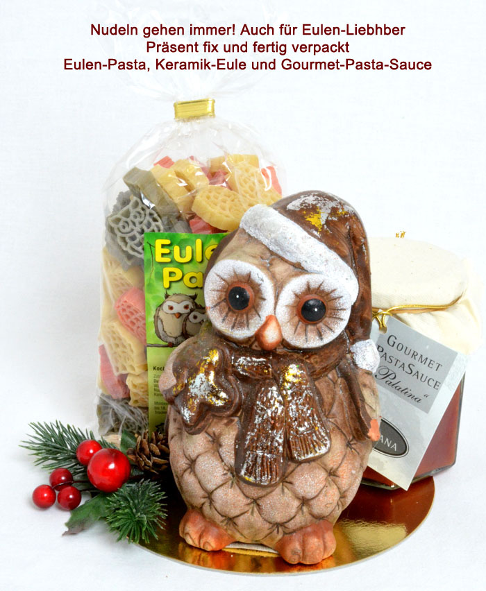 eulennudeln_mit_g-souce_und_eule_mit_text Eulen-Nudelpräsent mit Gourmet-Pasta-Sauce und Keramik-Eule