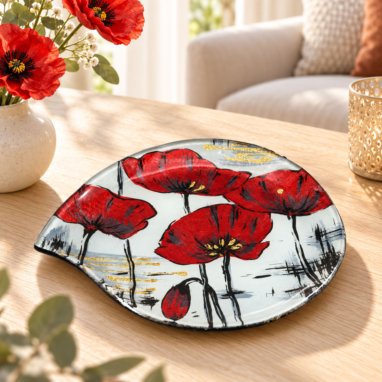 Dekorative Glasplatte Mohnblumen rund Ø 19 cm – Rot-Gold