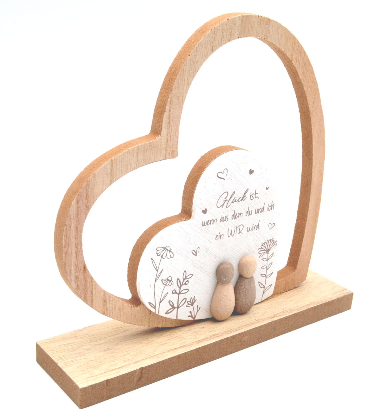 Herz in Herz – Dekoherz in Holz-Steinoptik mit Spruch Glück 20 × 18 cm