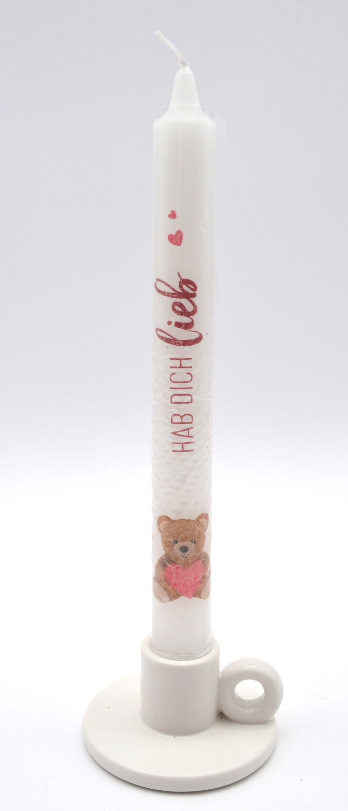 Kerze mit Kerzenhalter "Hab Dich lieb" Höhe 23 cm