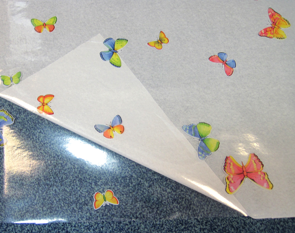 Glasklar-Tischfolie mit Schmetterlingen von der Rolle 140 breit Meterware