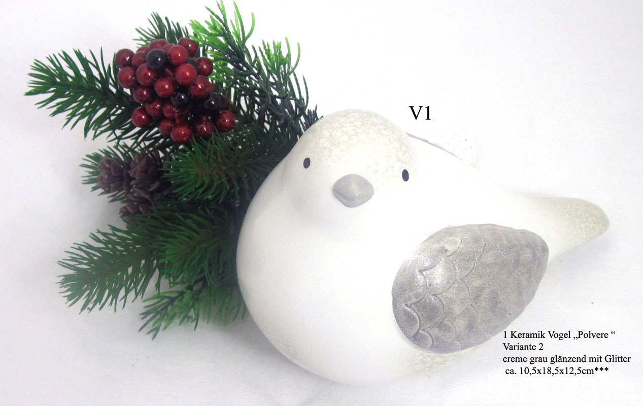 Vogel Polvere creme grau glänzend mit Glitter, sortiert ca. 10,5x18,5x12,5cm