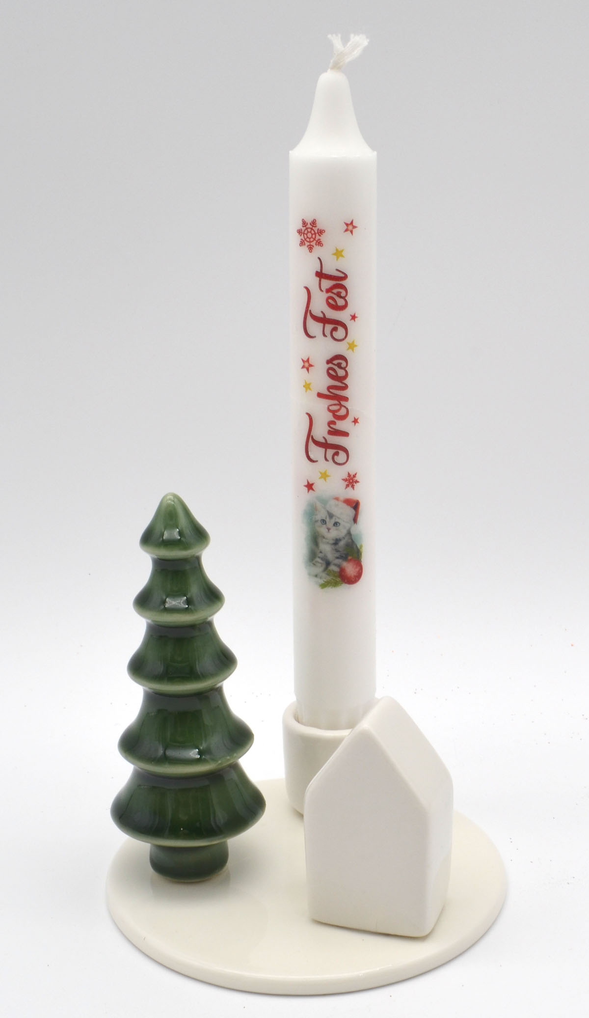 Keramik-Stabkerzenhalter mit Platte, Tannenbaum und Häuschen – weiß-grün