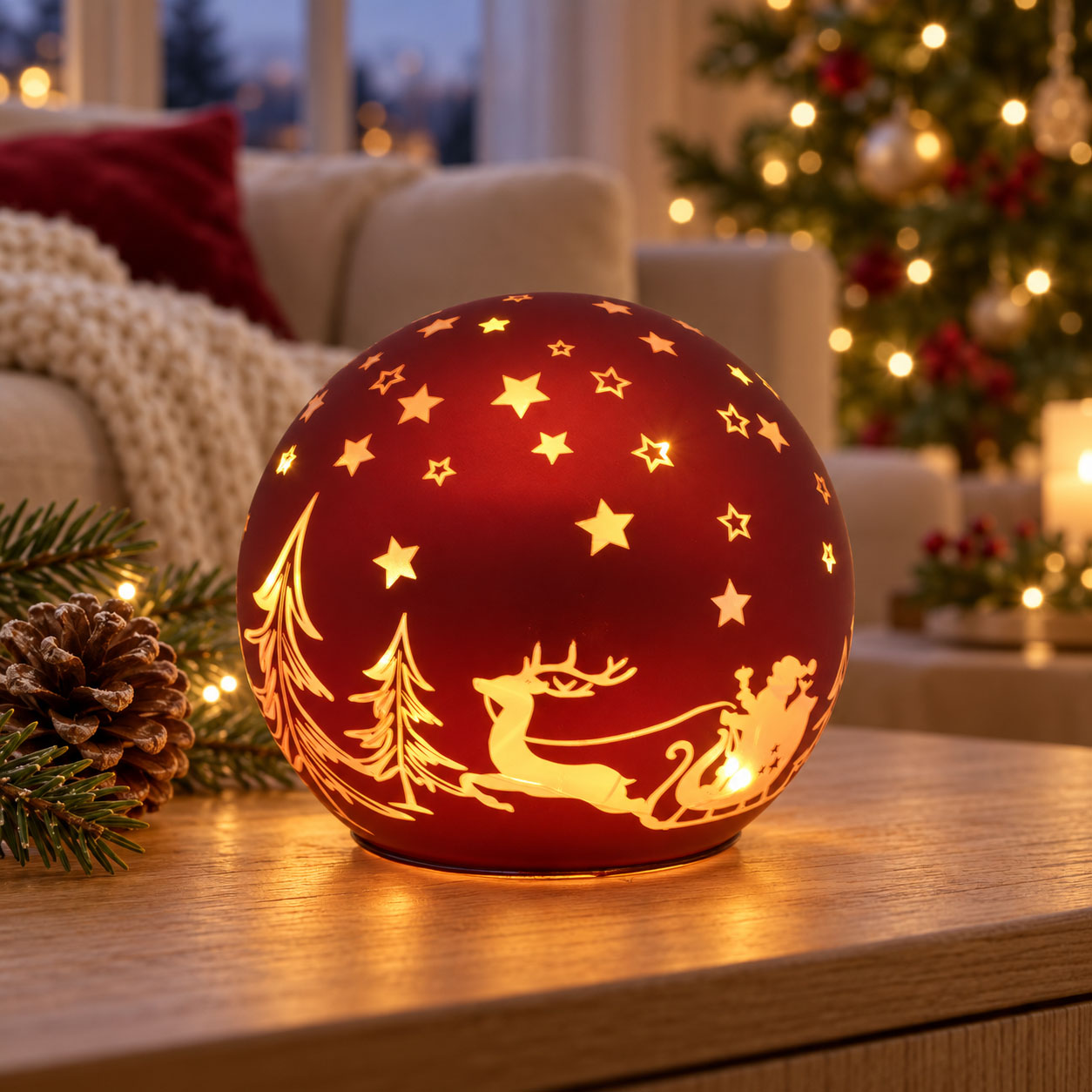 LED-Glaskugel rot mit Weihnachtsmotiv und Timer – Ø 11,5 cm