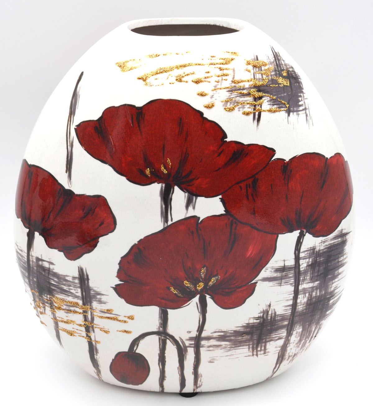 Keramik-Vase Mohnblumen 24 cm – bauchig, Weiß-Rot-Gold