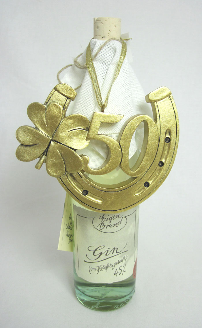 Hufeisen und Glücksklee "50" Gold zum Hängen Polyresin ca. 10 x 12 cm