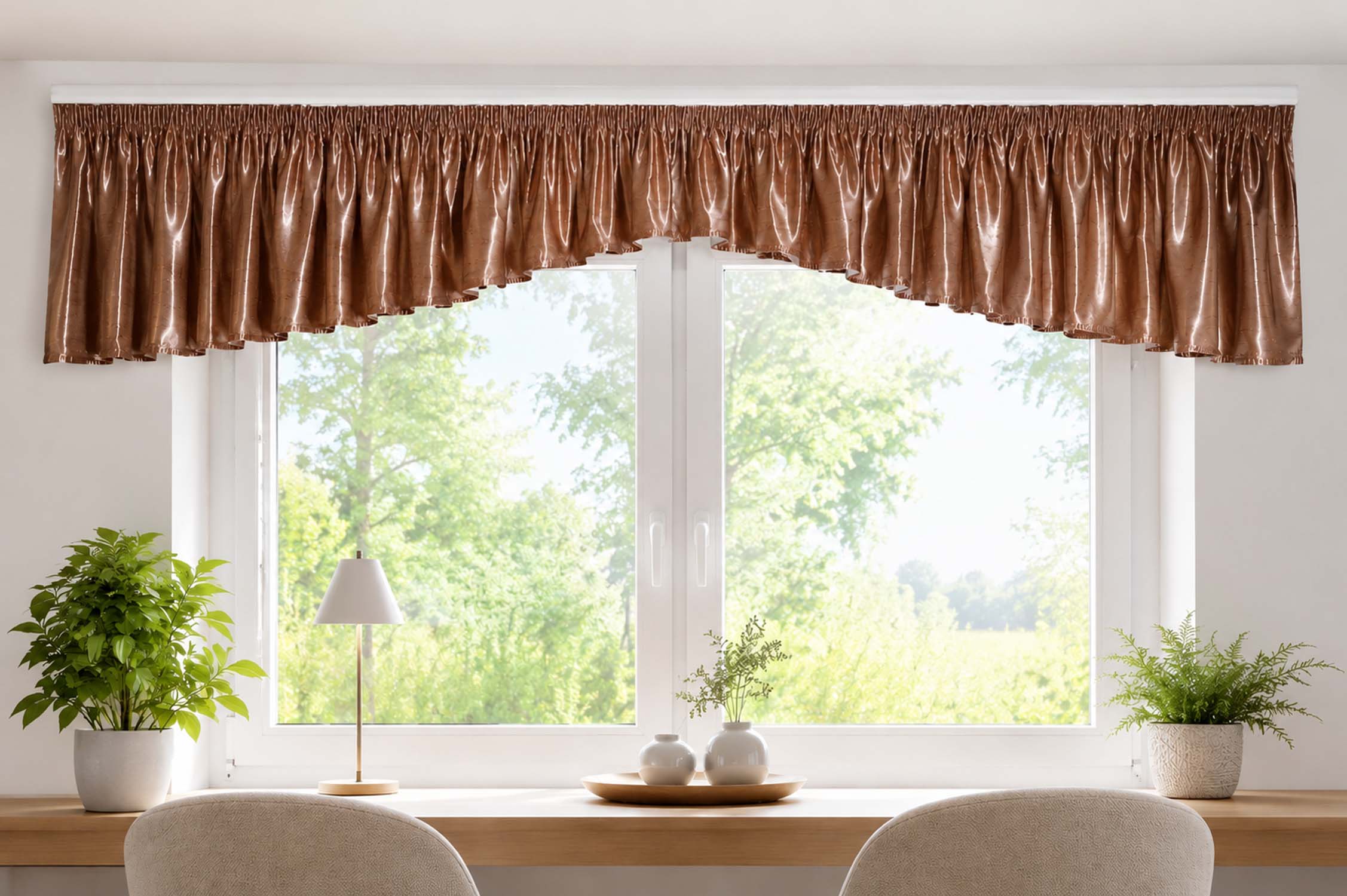 Eleganter Querbehang Rosenholz 310 cm – Satinstoff mit Flauschsmokband