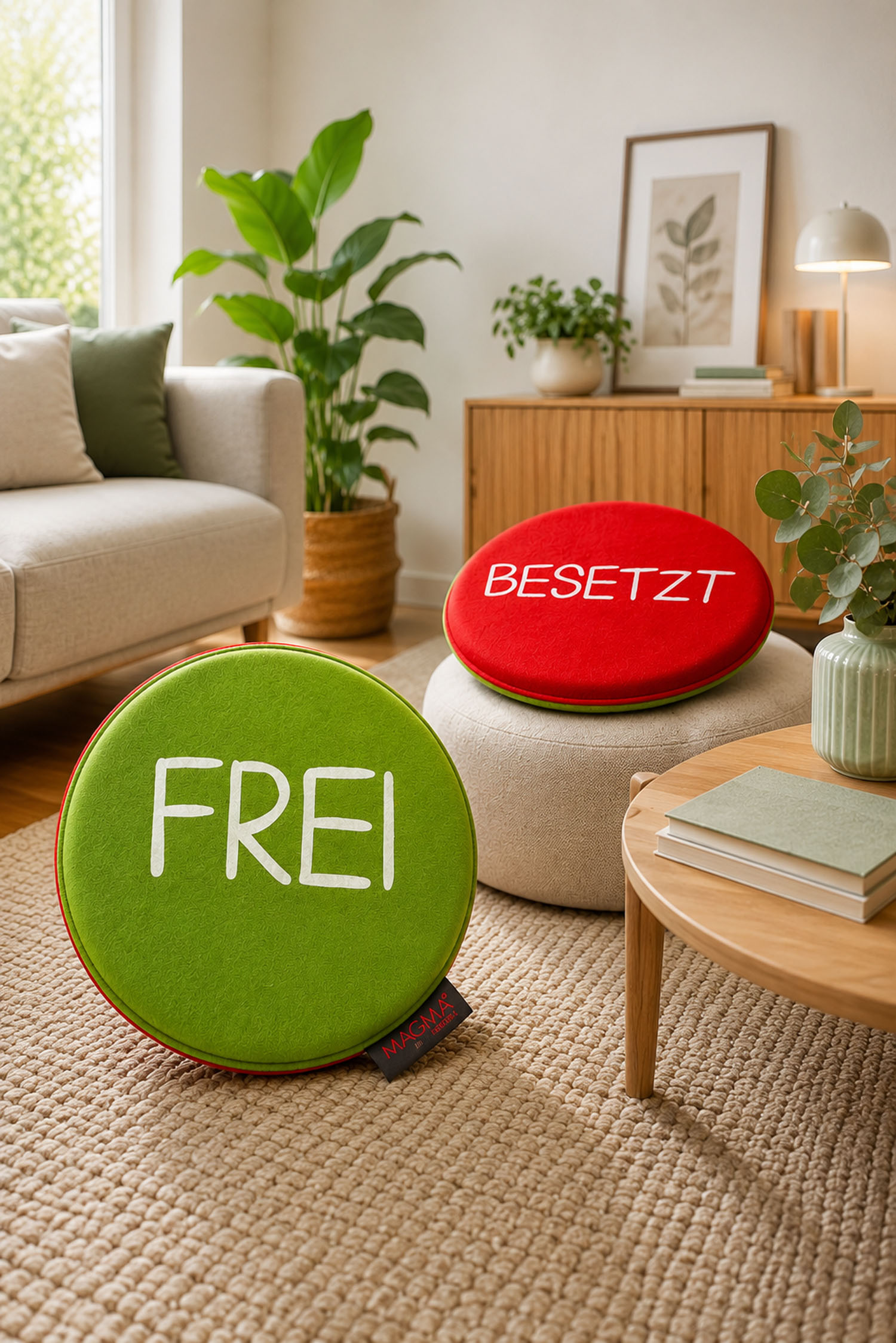 Stuhlkissen AVARO rund Ø 35 cm – Frei/Besetzt – grün/rot | Made in Germany