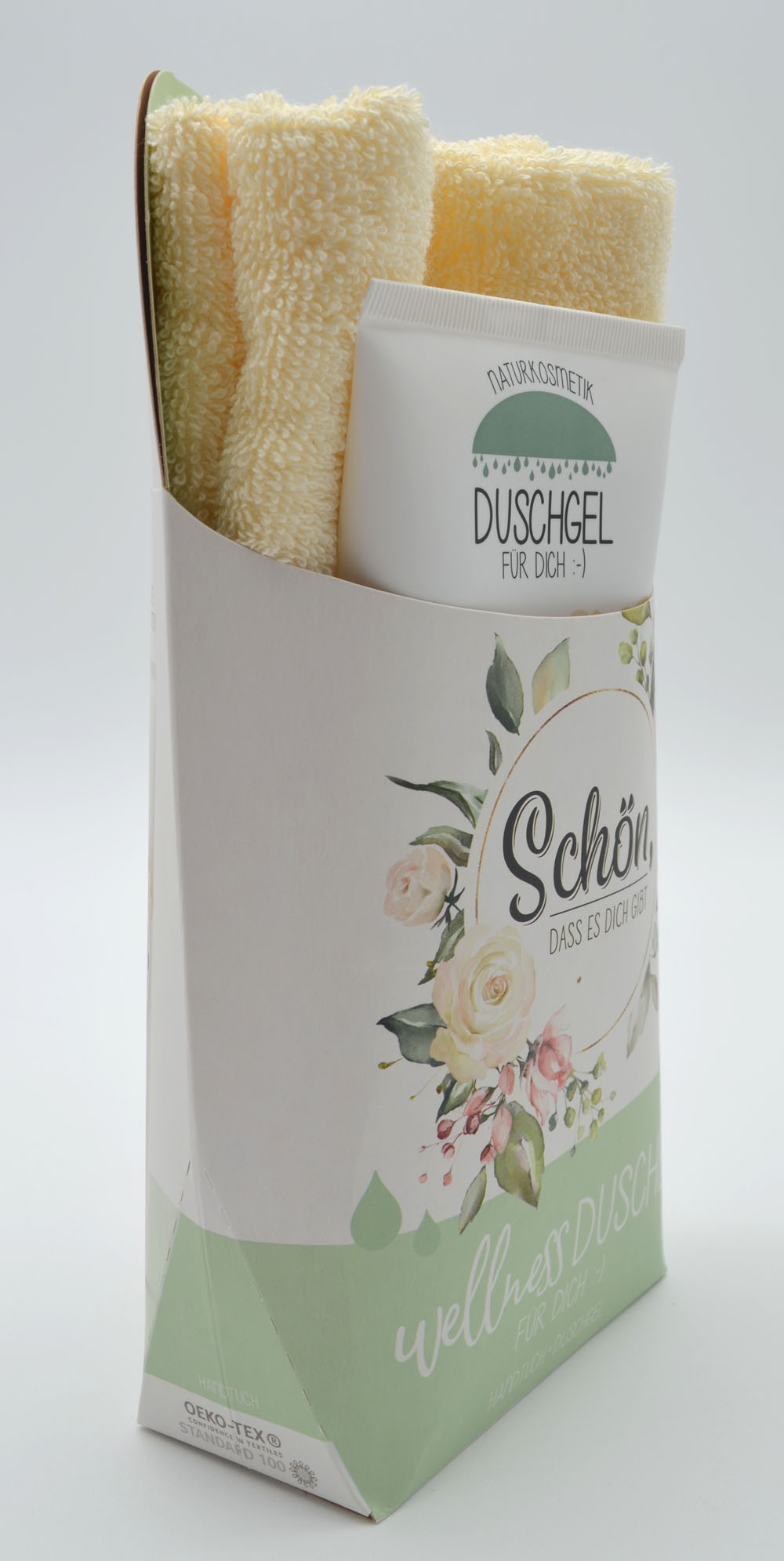 Wellness-Dusche für Dich Handtuch und Duschgel Blumen