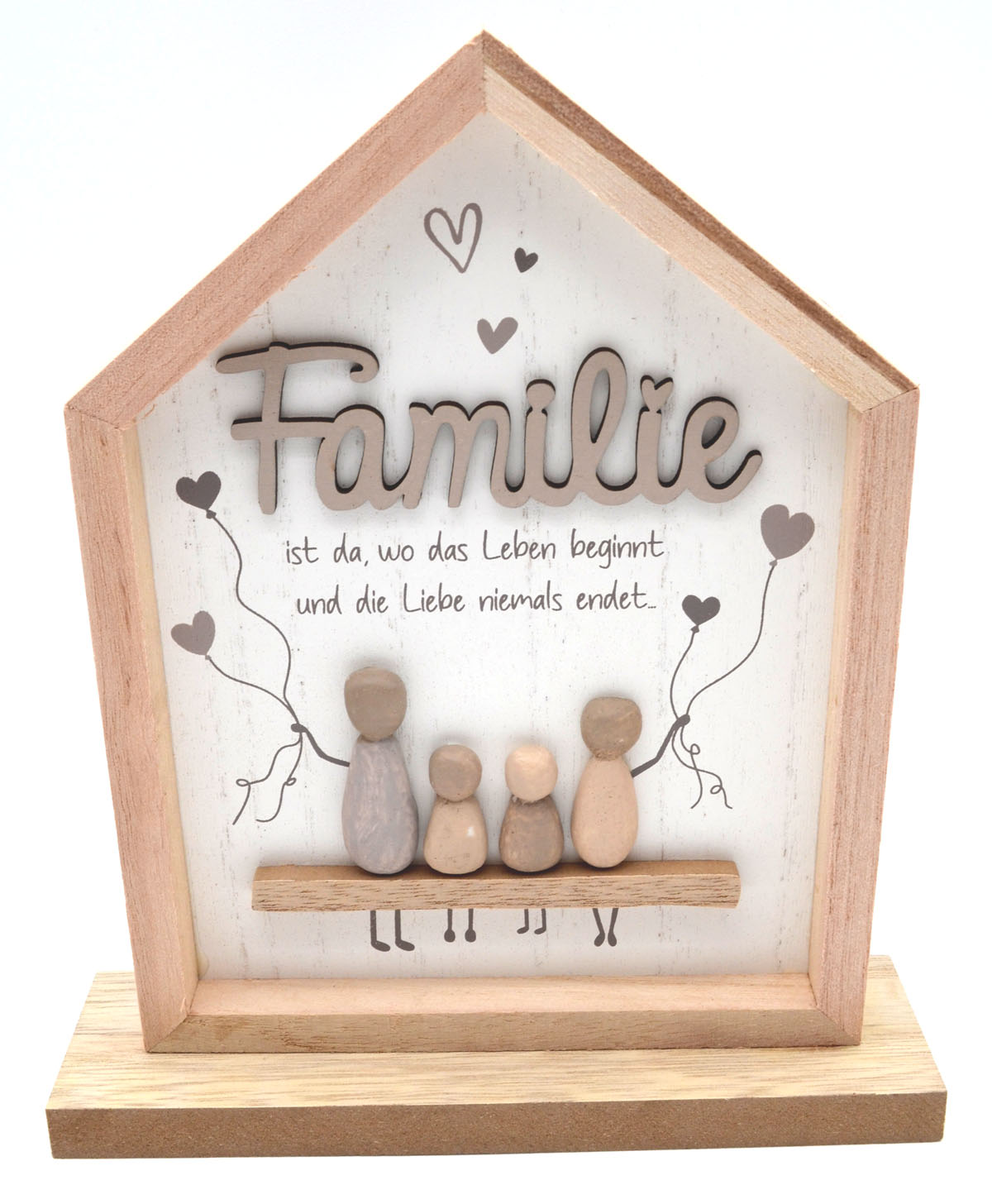 Dekohaus Familie 21 cm aus Holz mit Steinfiguren & Spruch