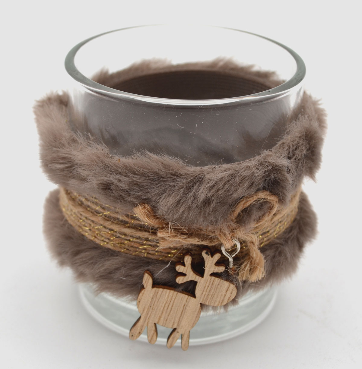 Glas-Windlicht mit Fell Teelichthalter 8 x 6 cm (HxD)