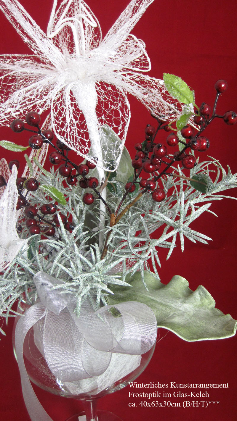 Winterliches Kunstarrangement Frostoptik im Glas-Kelch ca. 40x63x30cm (B/H/T)