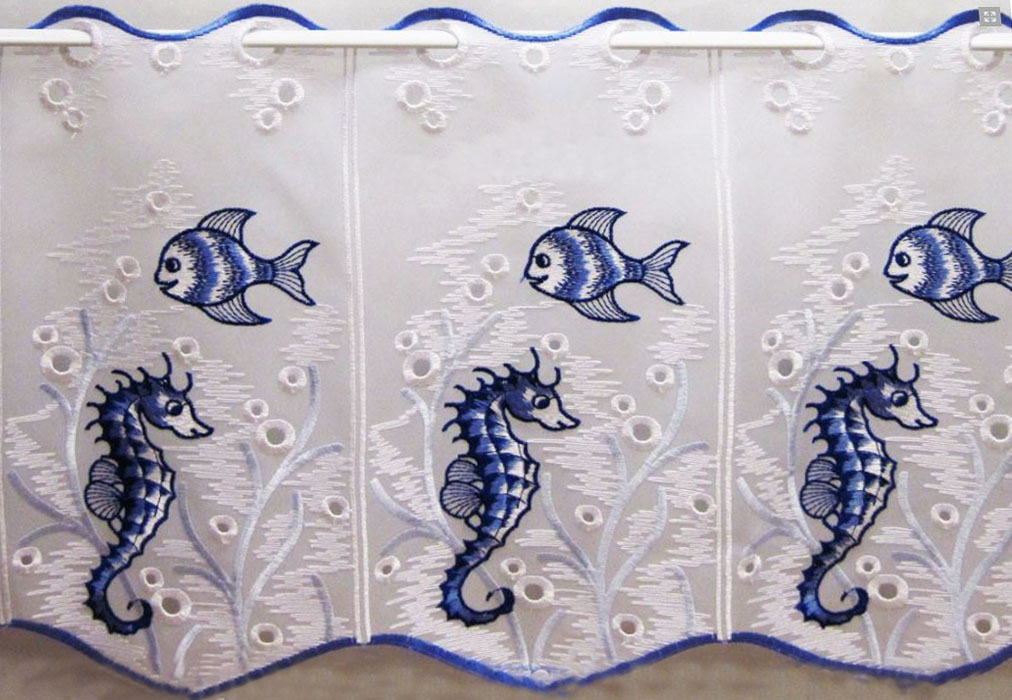 1 Stück Scheibengardine Fische in Blau ca. 16 cm breit, Höhe 33