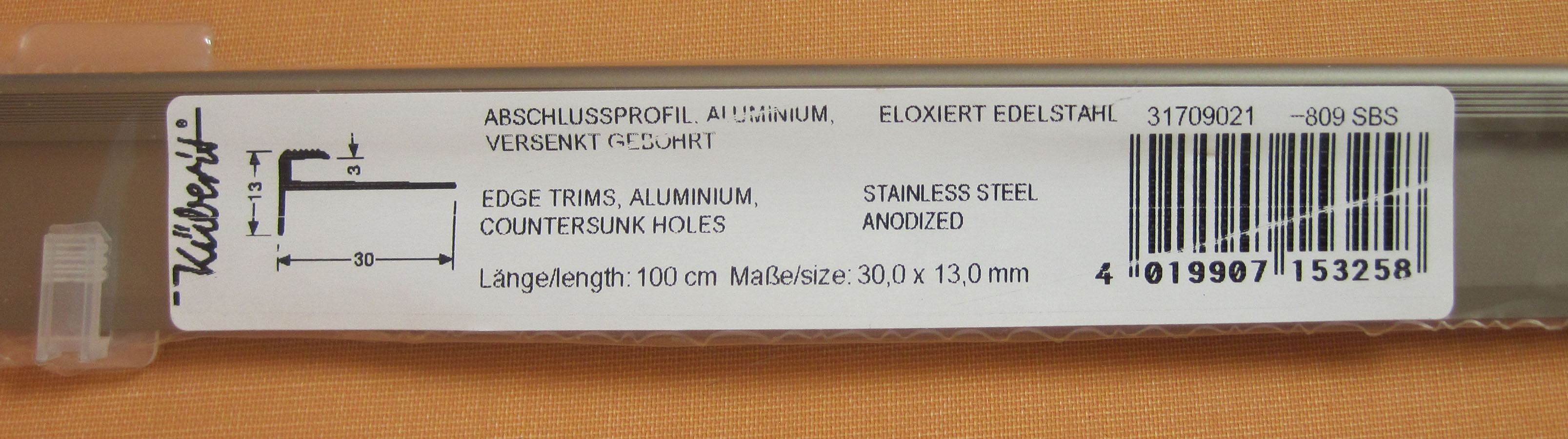 Abschlußprofil mit Nase 30,0 x 13,0 mm Alu eloxiert edelstahl 1 m SB 809