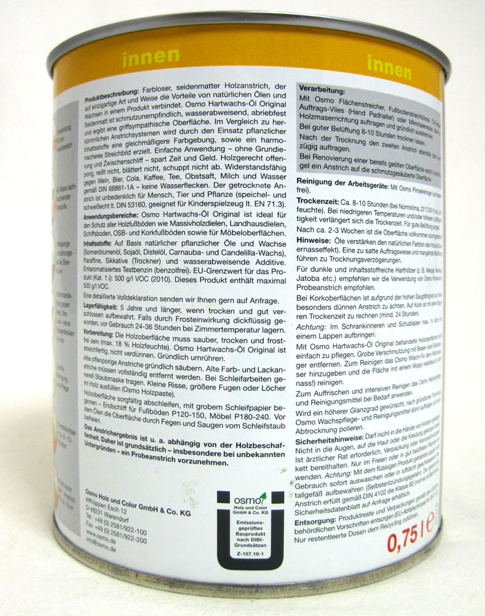 Osmo Hartwachs-Öl 3062 Farblos matt 750ml