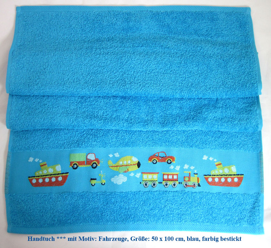 Kinder - Handtuch - Stickerei "Autos", blau mit Stickkante ca. 50x100cm (BxL)